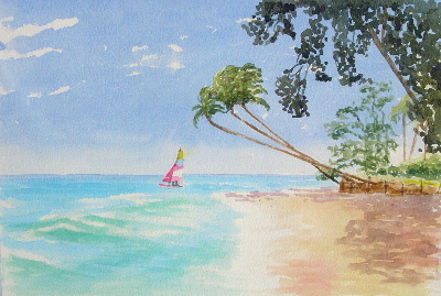 watercolour painting, beach, boat