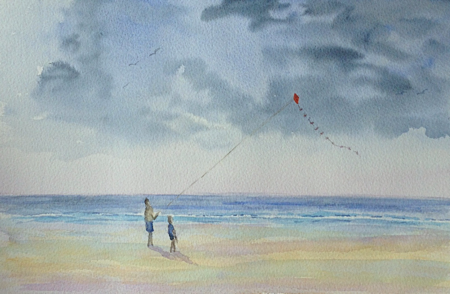 kite flying on beach in watercolour