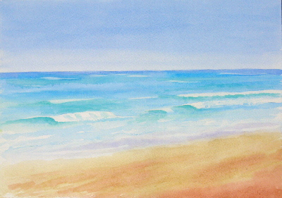 watercolour painting, beach, waves