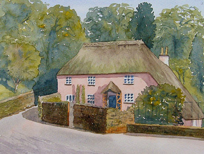 watercolour painting of Rose Cottage, Cockington