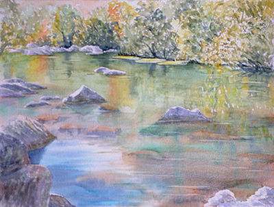 watercolour painting, Golden Pond